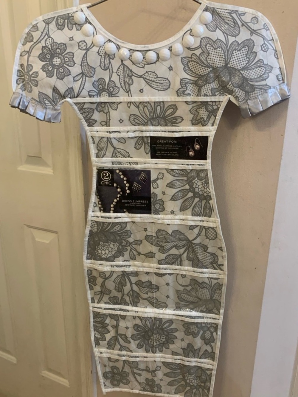 New! 2 Chic hanging jewelry organizer like a black & white floral lace dress.
